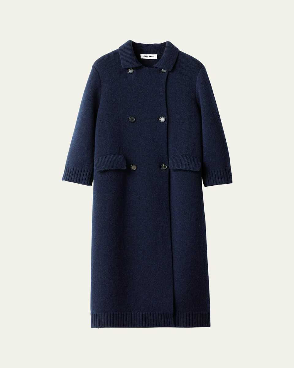 3/4-Sleeve Knit Double-Breasted Trench Coat